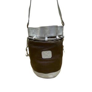 JMG Women’s Brown & White Leather Adjustable Strap Drawstring Closure Bucket Bag